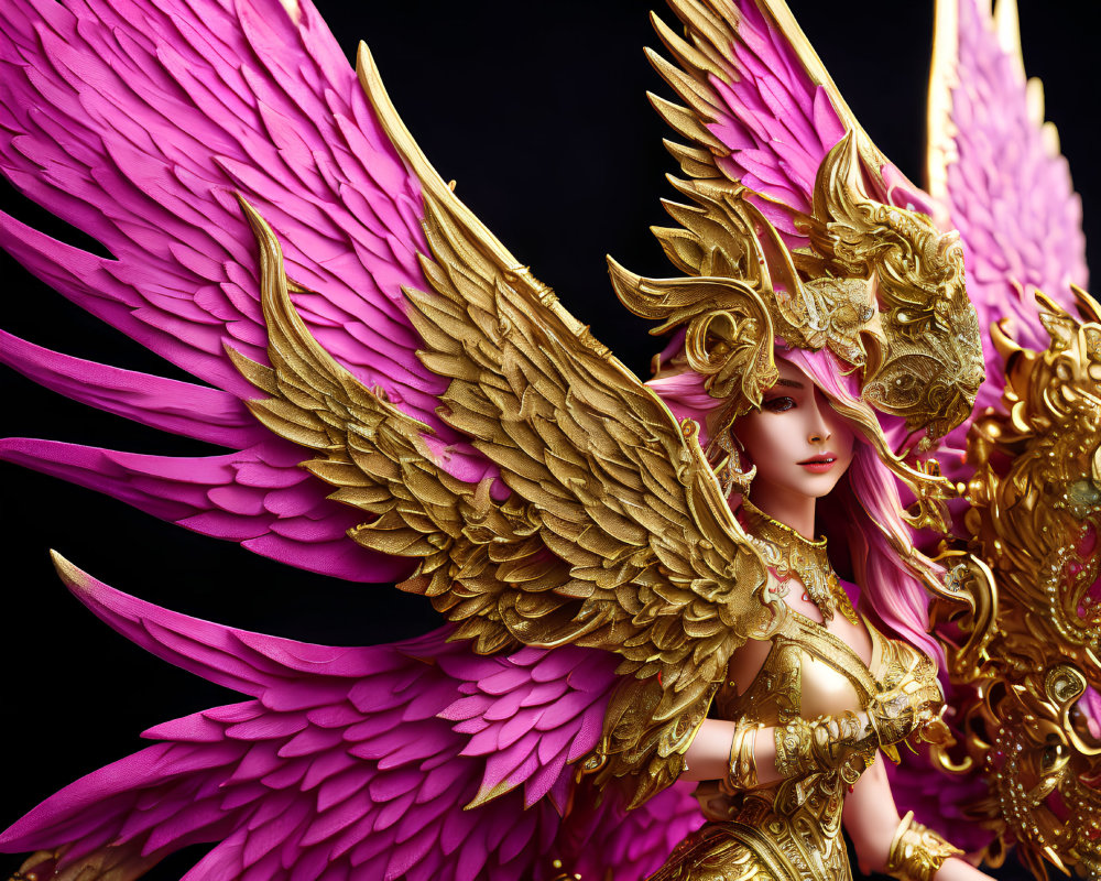 Golden-armored character with ornate mask and pink wings in 3D illustration