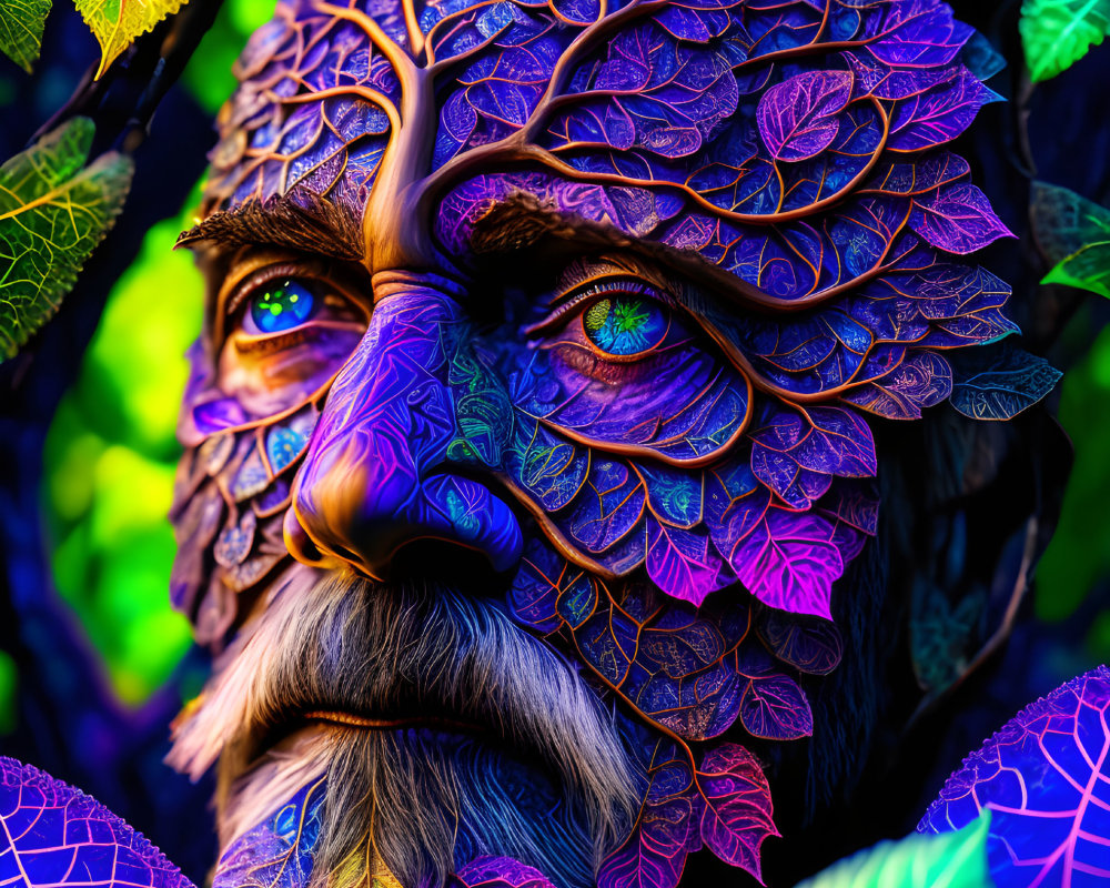 Colorful portrait of a wise tree-like being with leaf-patterned skin and a bushy white beard