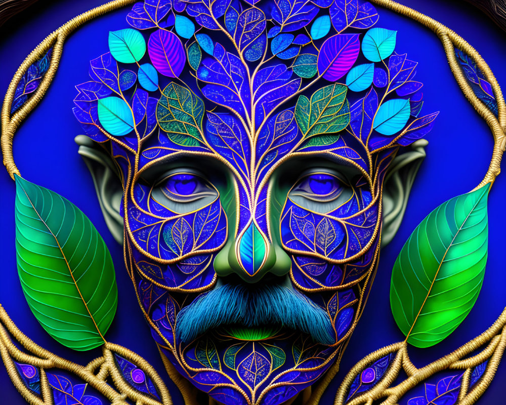 Colorful digital artwork: Face with tree branches as hair in rich blues and greens