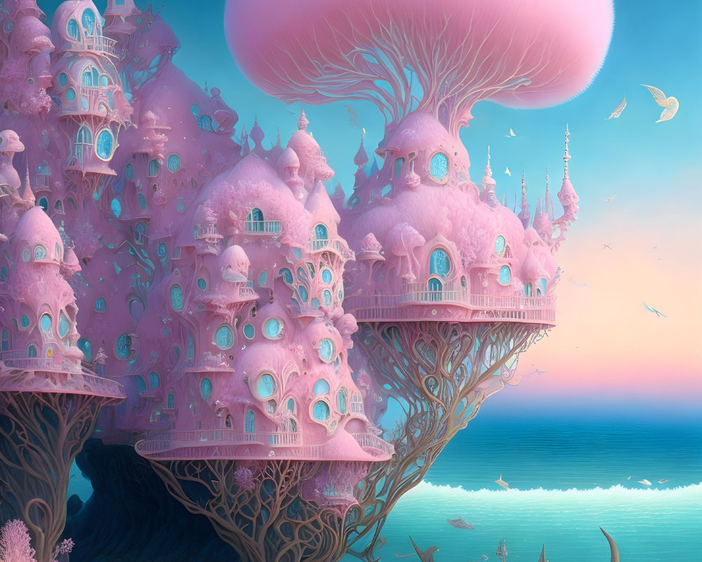 Pink Castle Overlooking Beach with Mushroom Trees and Sunset Sky
