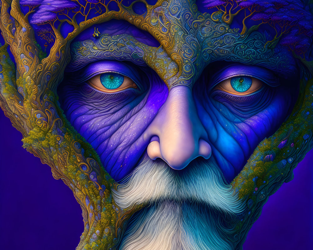 Illustration of elderly mystical figure with blue skin and tree branch patterns.