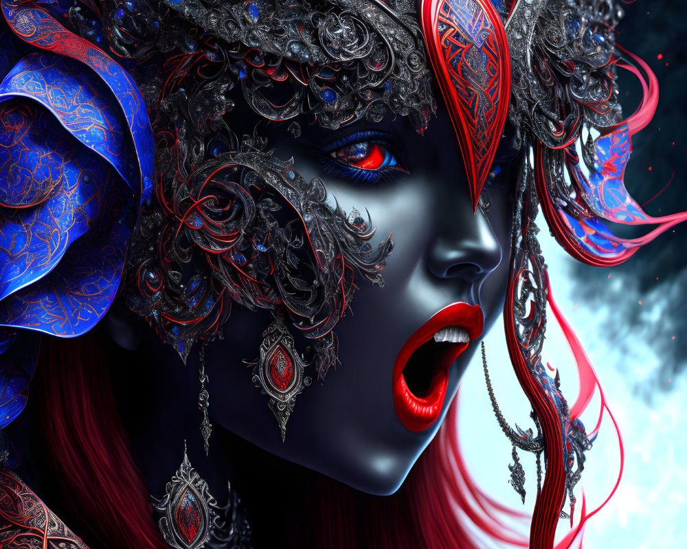 Fantastical female figure with red eyes and ornate horned headdress in starry setting