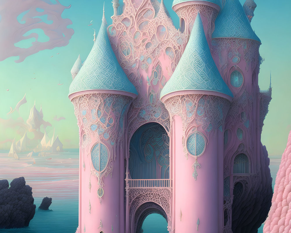 Pink castle by the sea under swirling pink clouds