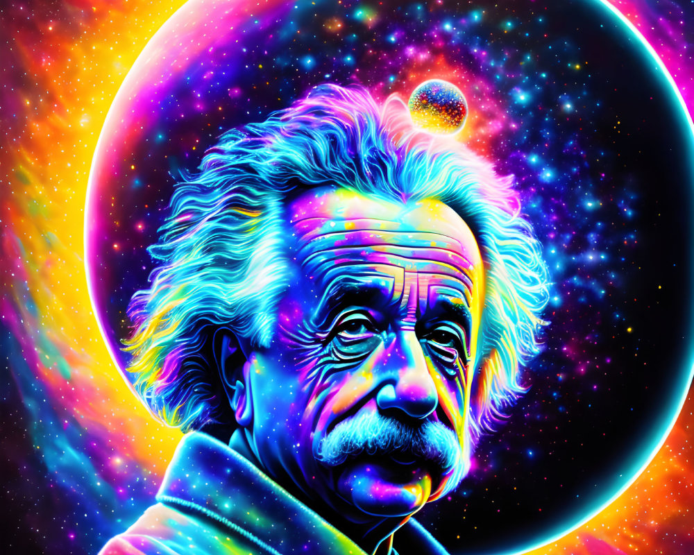 Colorful psychedelic portrait of a man with mustache and wild hair in cosmic setting
