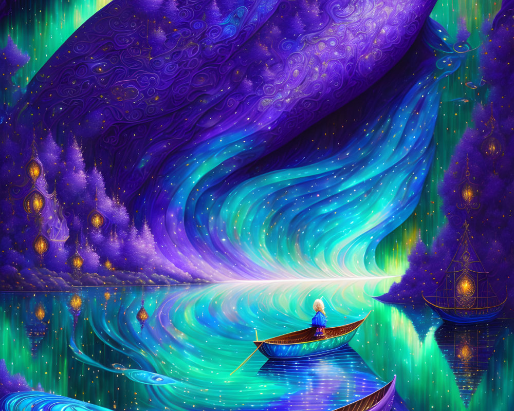 Fantasy-inspired digital artwork of person in boat on purple river