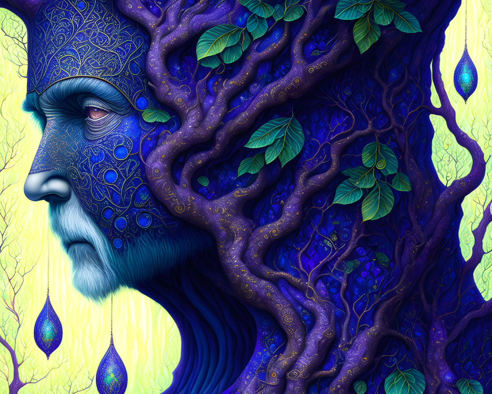 Human face merged with tree elements in vivid purple hues, intricate patterns, green leaves, and teard