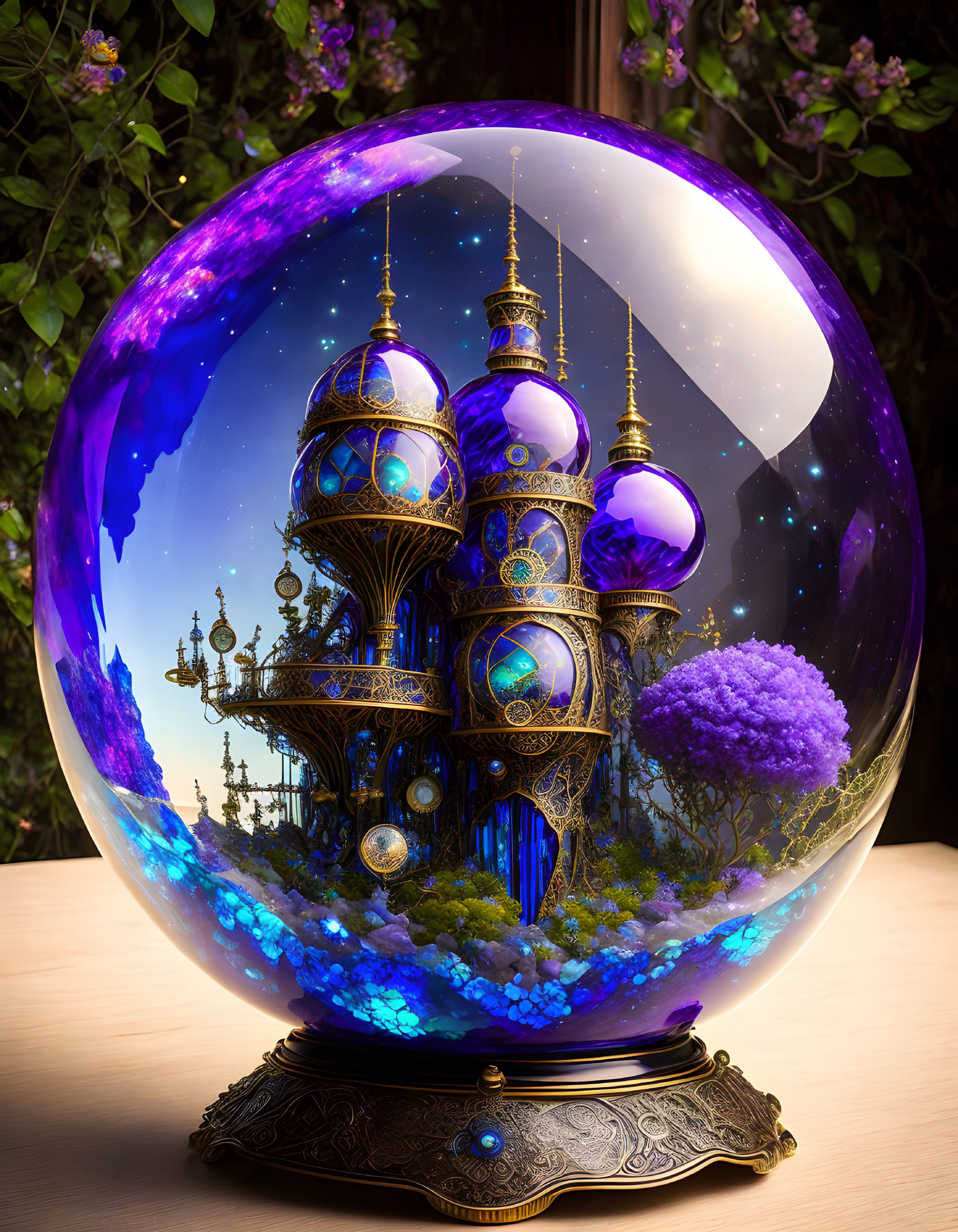 Fantasy castle scene in mystical crystal ball on ornate stand