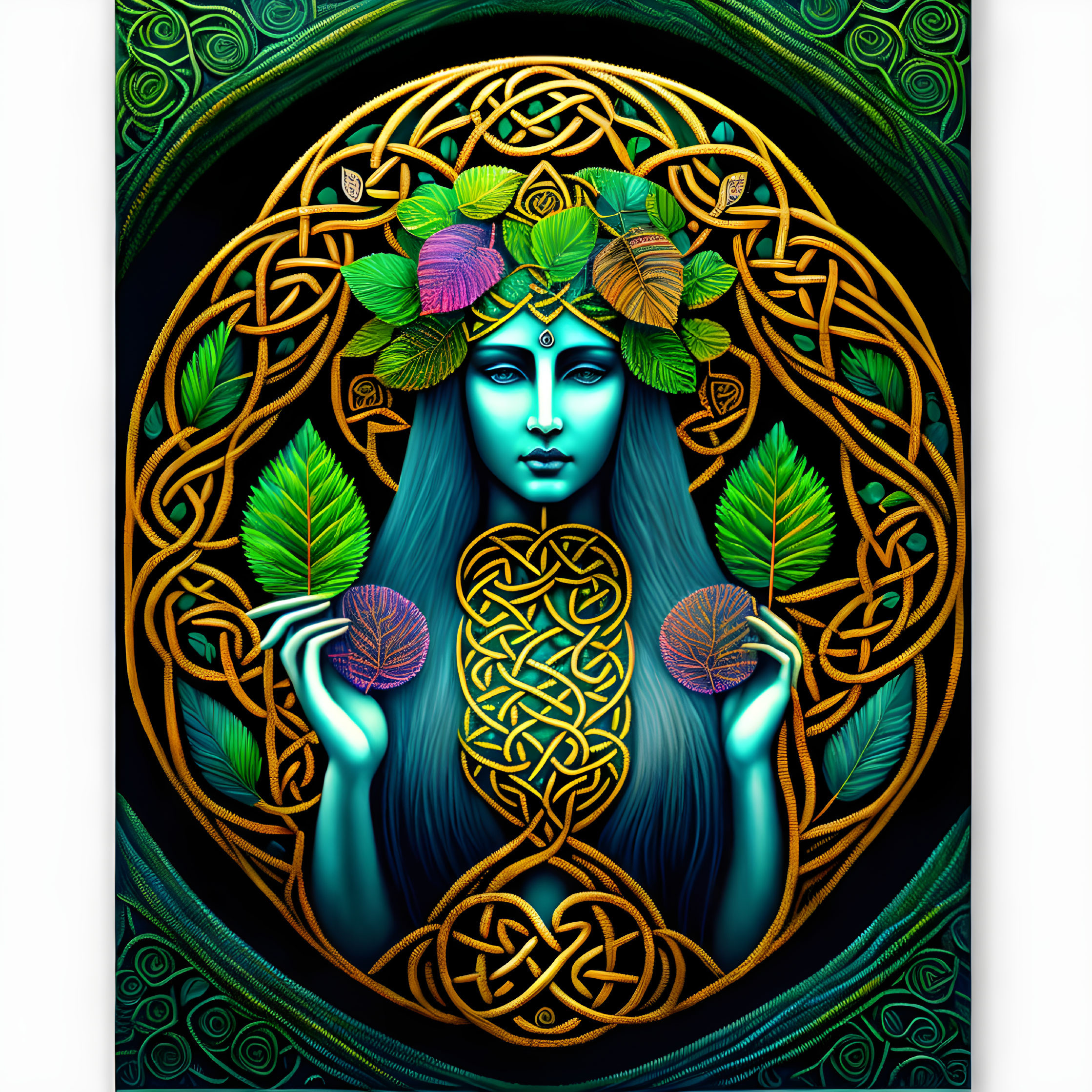 Blue-skinned mystical female figure with Celtic knots and green motifs in circular border