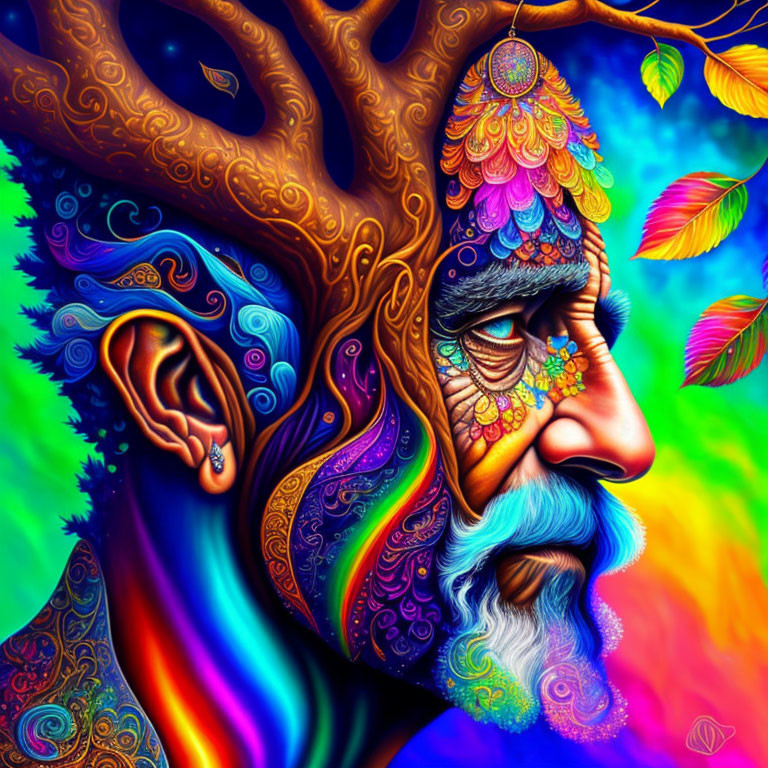 Colorful Psychedelic Artwork: Old Man Profile with Tree Design