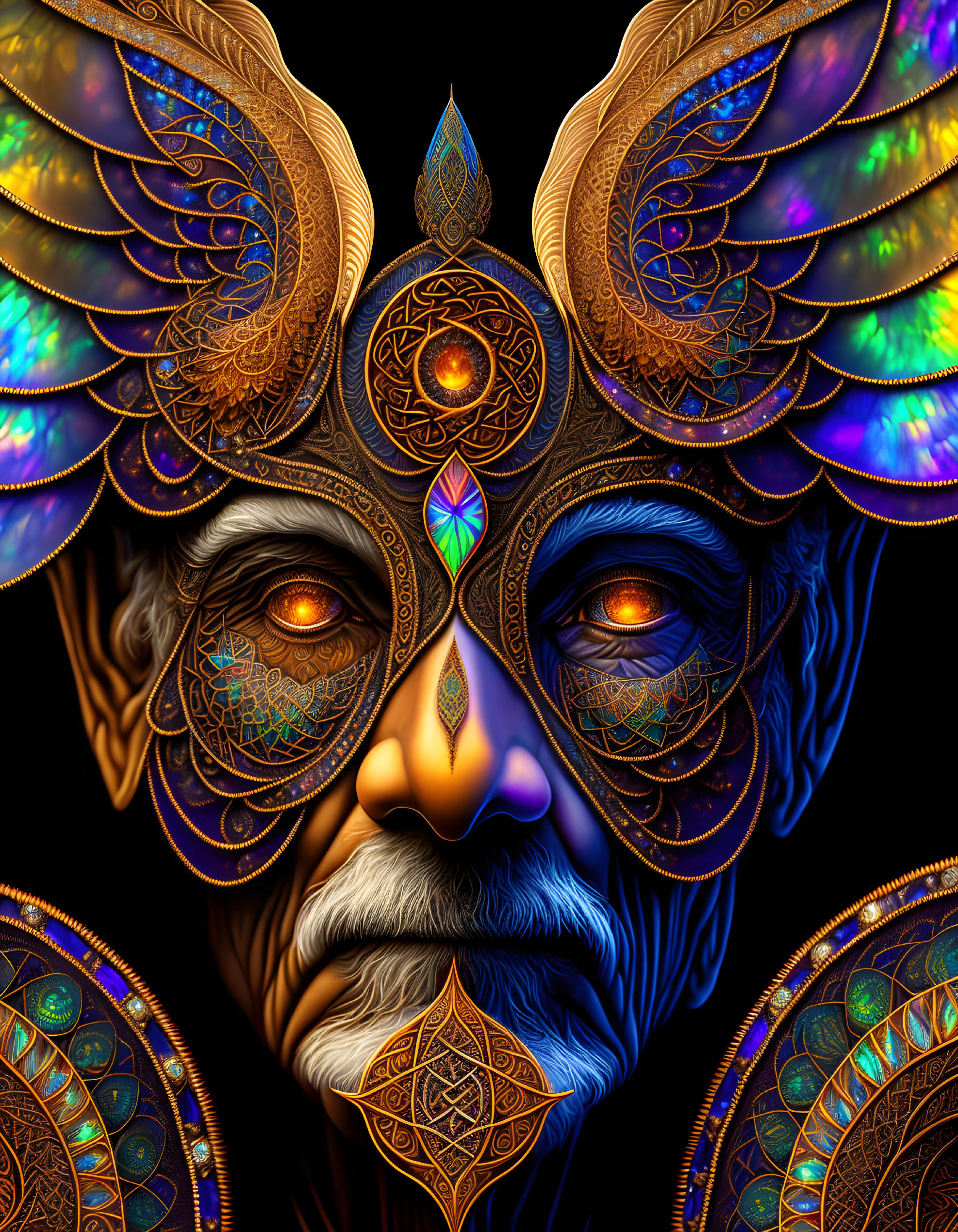 Detailed digital artwork: Face with glowing orange eyes, golden headpieces, and mandala patterns on black