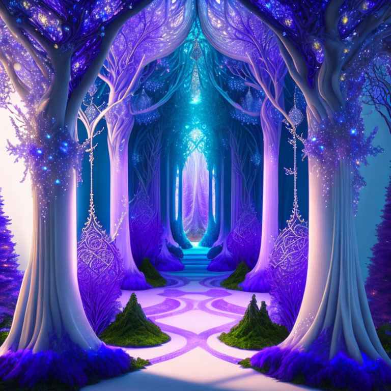 Vibrant Purple and Blue Mystical Forest with Glowing Pathway