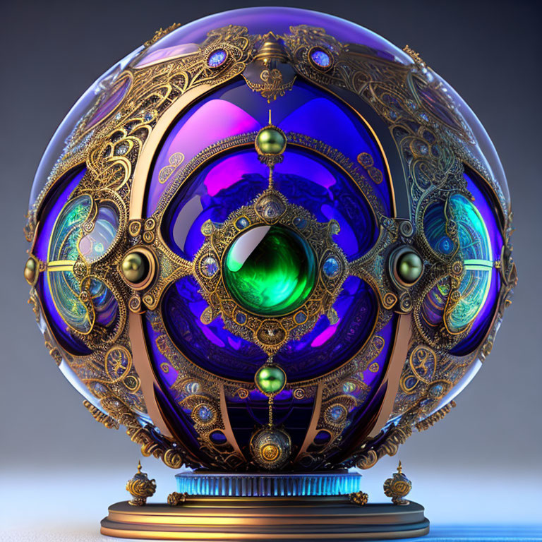 Intricate spherical artifact with golden filigree and gemstones on pedestal
