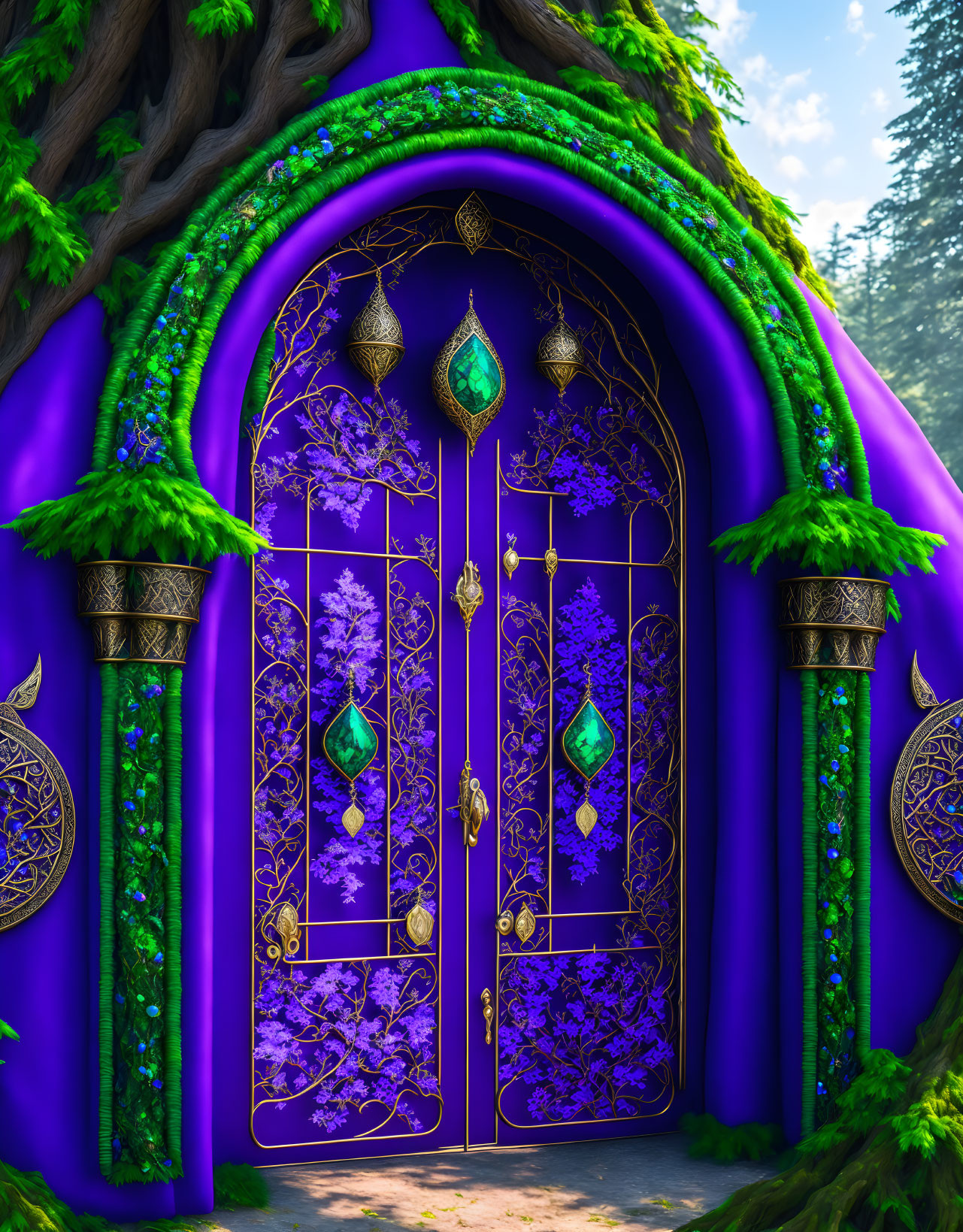Purple fantasy door with golden patterns in mystical forest setting