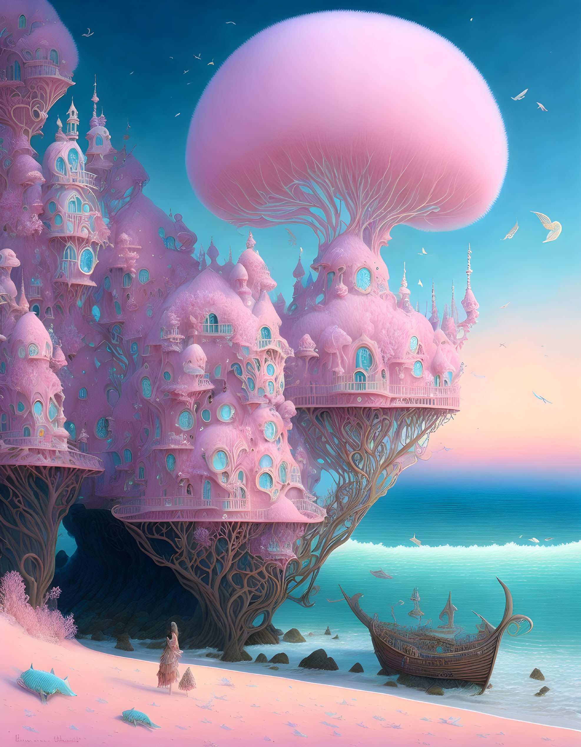 Pink Castle Overlooking Beach with Mushroom Trees and Sunset Sky