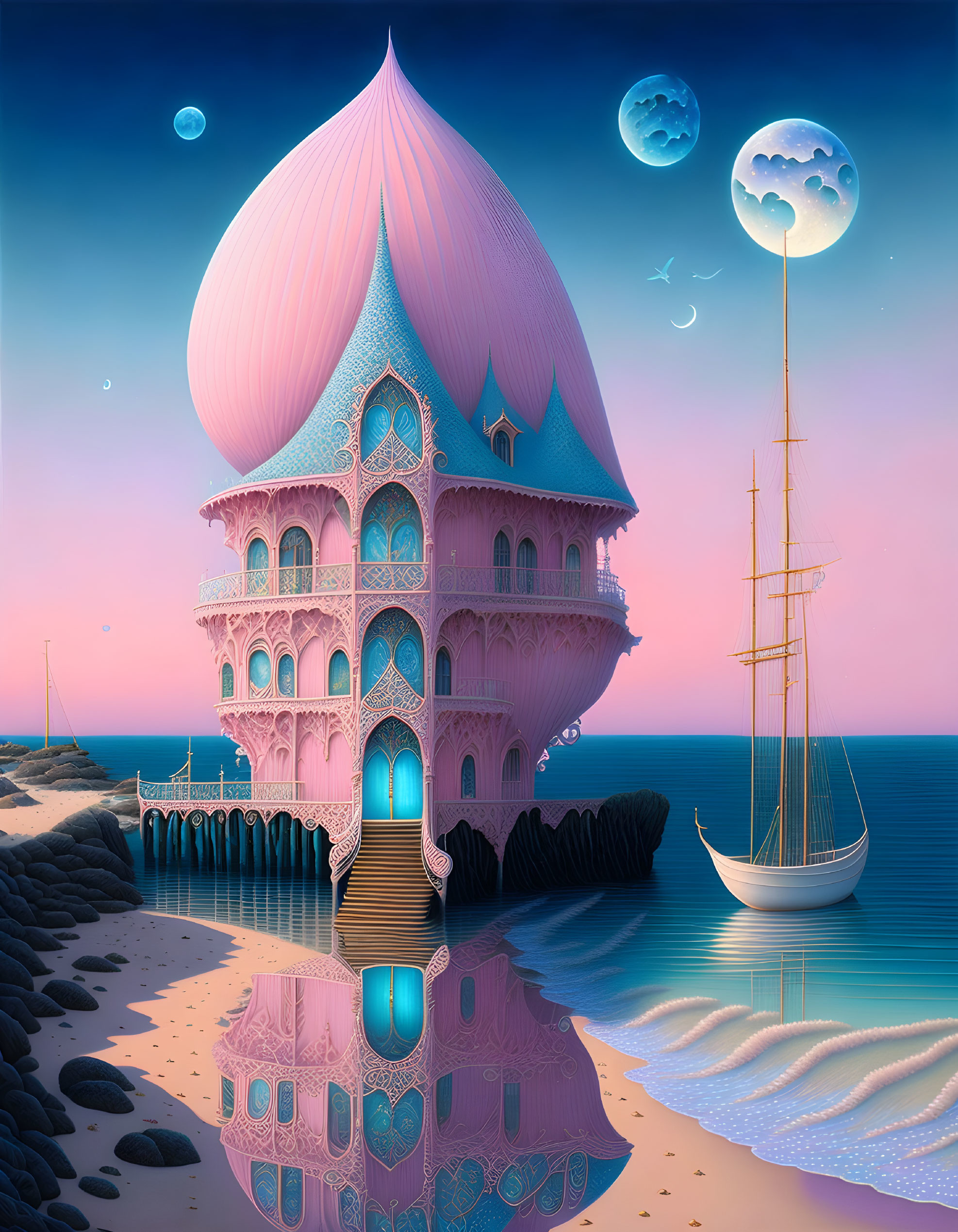 Pink palace with domed roof by serene shore at dusk with sailboat and multiple moons in pastel