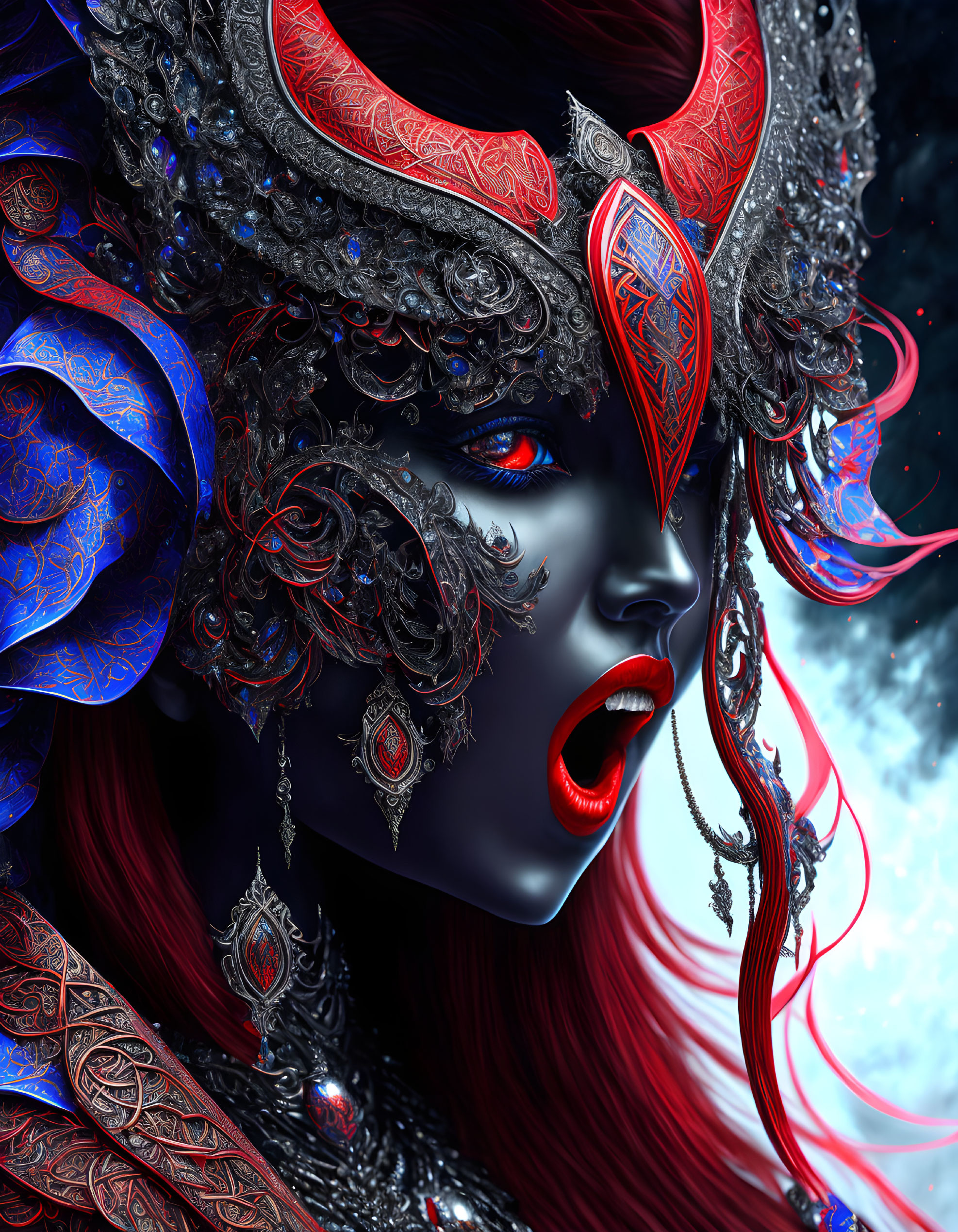 Fantastical female figure with red eyes and ornate horned headdress in starry setting
