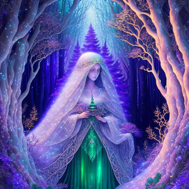 Mystical figure with lantern in starry forest landscape
