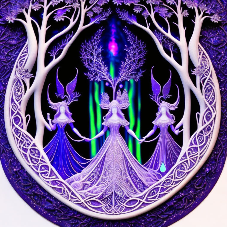 Detailed Artwork: Three Violet-Robed Female Figures in Ornate Tree Frame
