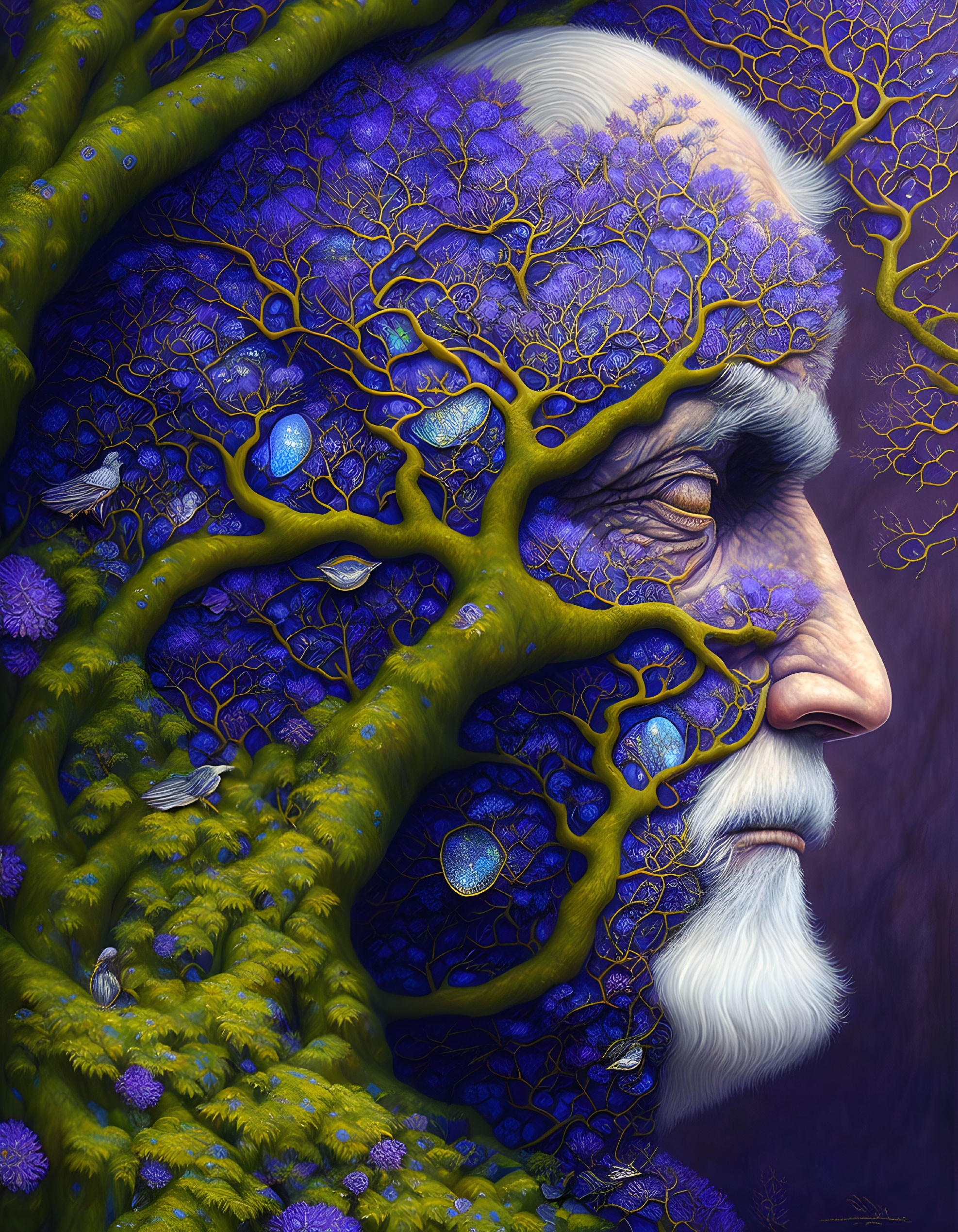 Vibrant nature-themed artwork of an old man fused with a tree