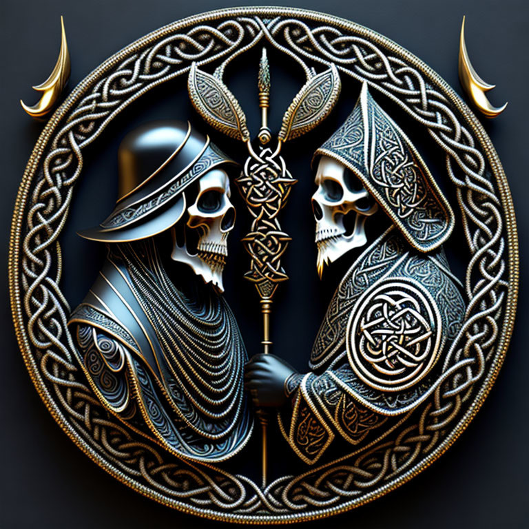 Stylized skulls with medieval helmets, chainmail, and Celtic patterns on dark background