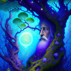 Elder's face integrated with blue tree in mystical artwork