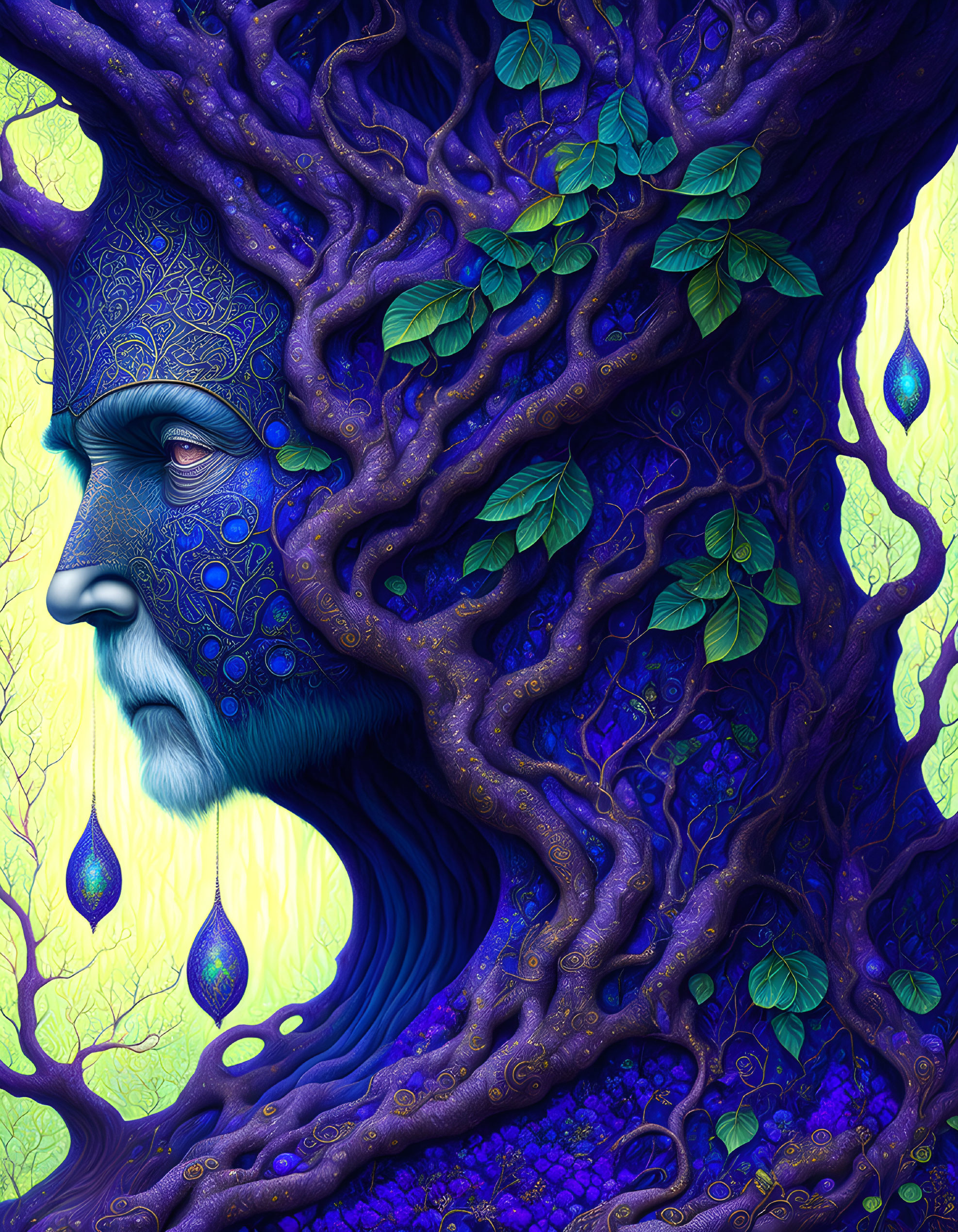 Human face merged with tree elements in vivid purple hues, intricate patterns, green leaves, and teard
