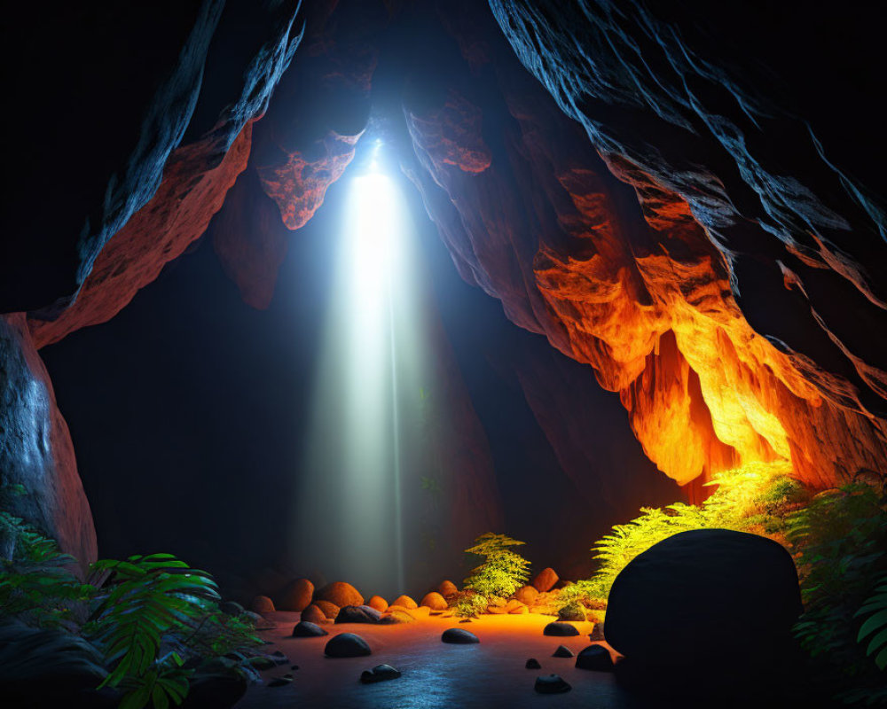 Mystical cave with light shaft, lush greenery & rocky terrain