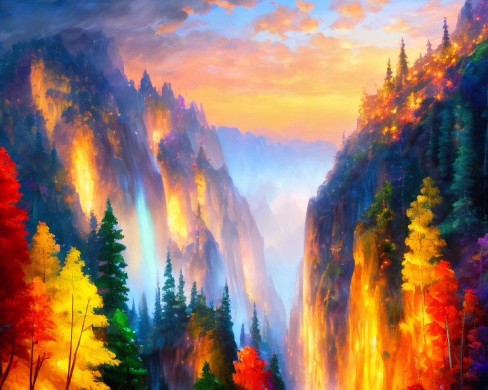 Colorful landscape: Waterfall, autumn trees, misty canyon, sunset sky