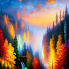 Colorful landscape: Waterfall, autumn trees, misty canyon, sunset sky