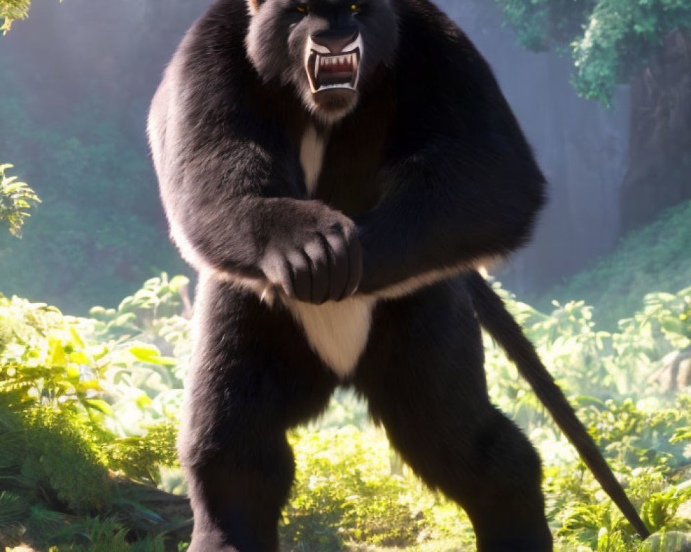 3D-animated gorilla with staff in sunlit forest clearing