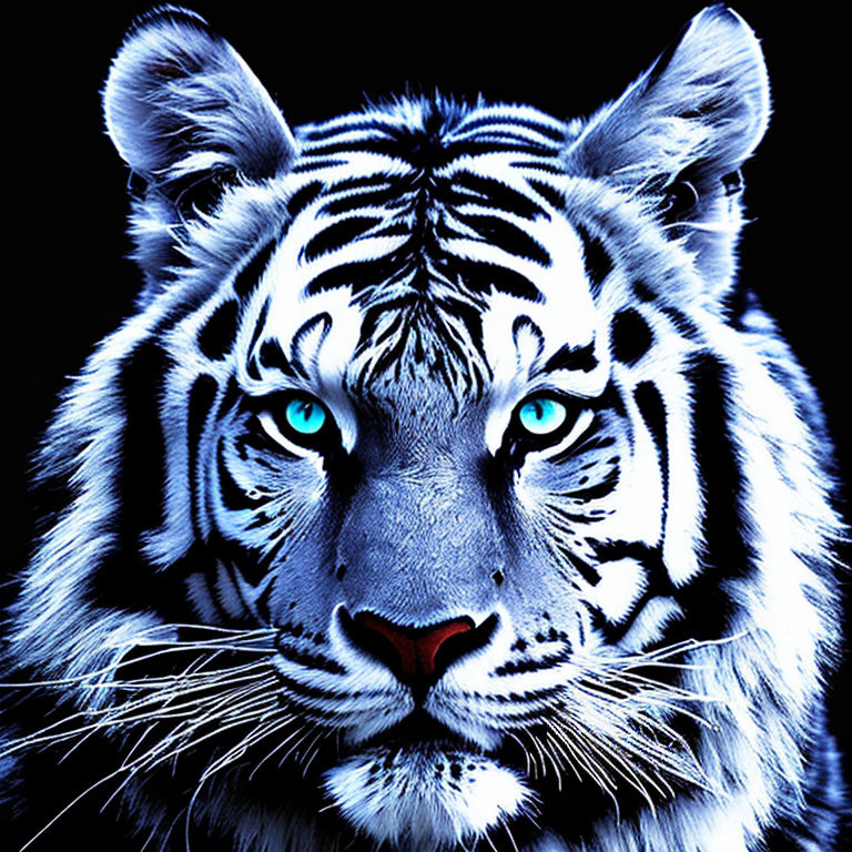 Digital Artwork: Tiger with Blue Eyes and Striking Stripes