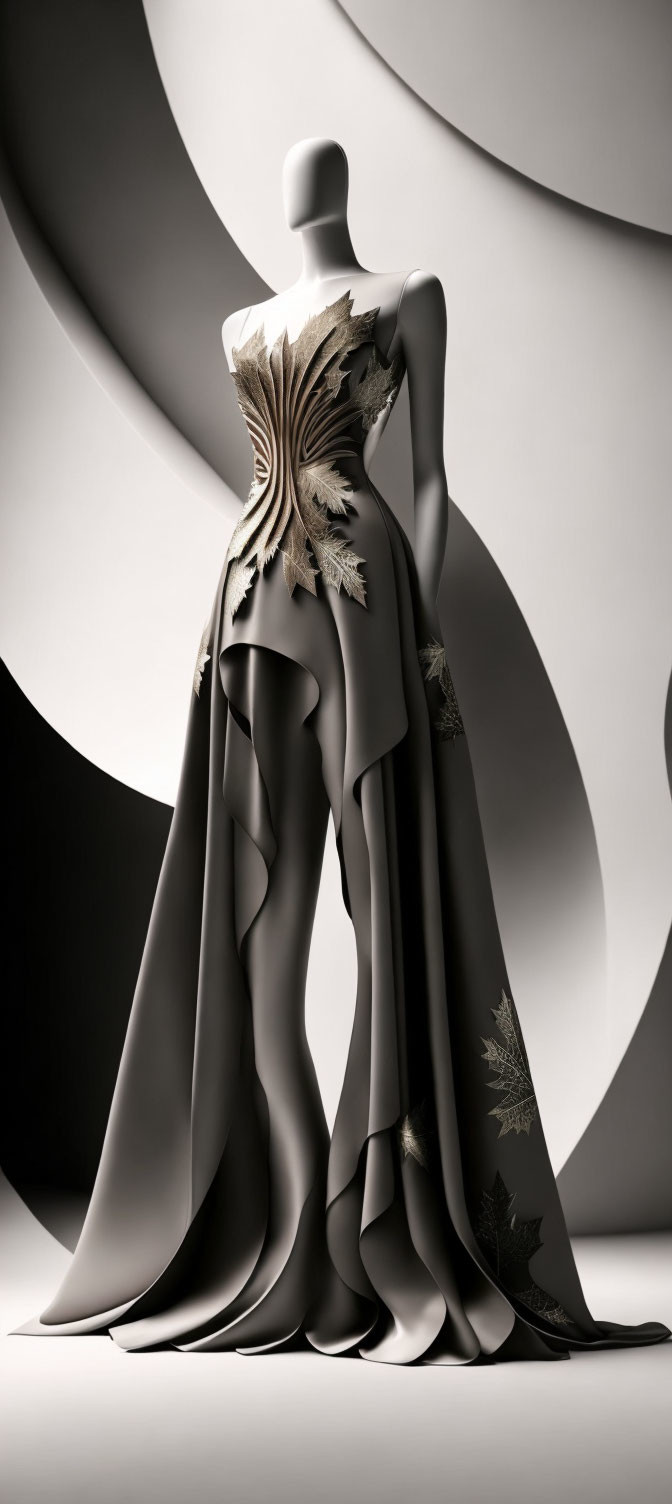 Mannequin showcasing elegant gown with book-inspired bodice and leaf motifs