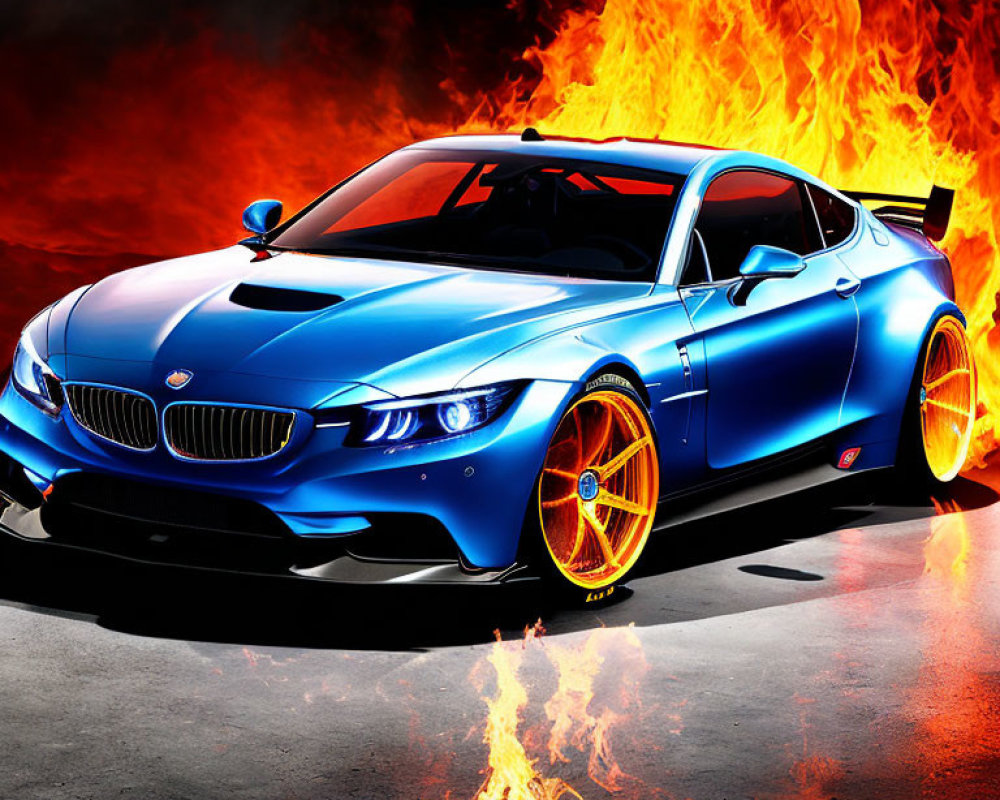 Blue sports car with orange rims speeding with stylized flames on dark background