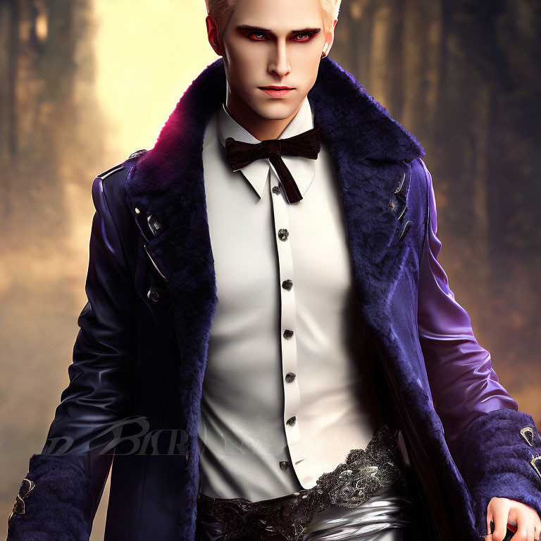 Striking Pale Man in Dark Purple Coat Against Autumnal Background