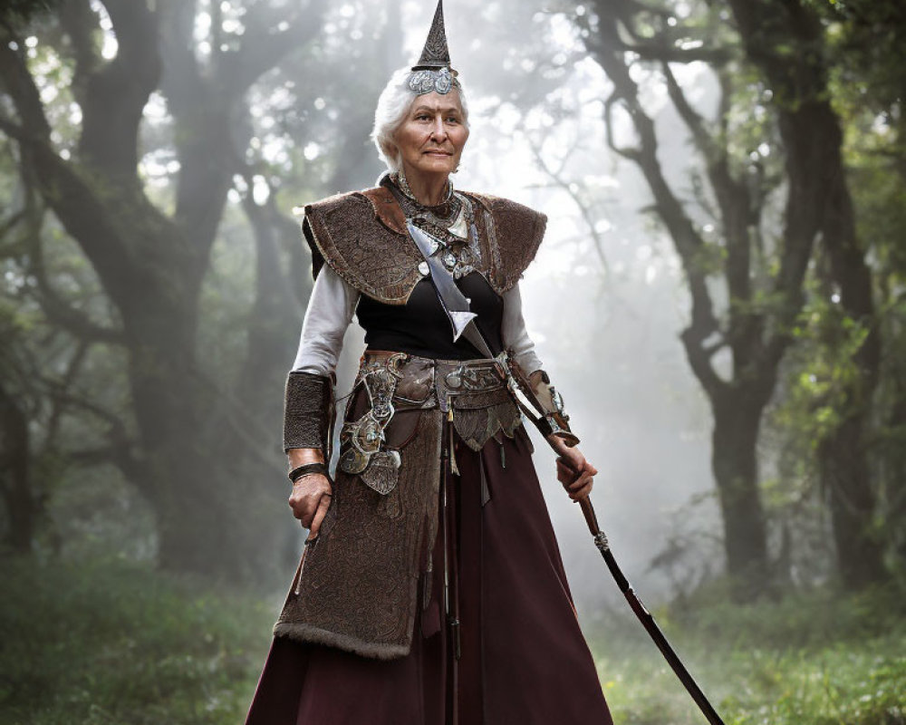 Elderly woman in medieval fantasy armor with staff in misty forest