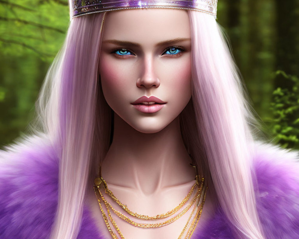 Digital portrait: Woman with blue eyes, pink-white hair, golden crown, purple fur, in forest