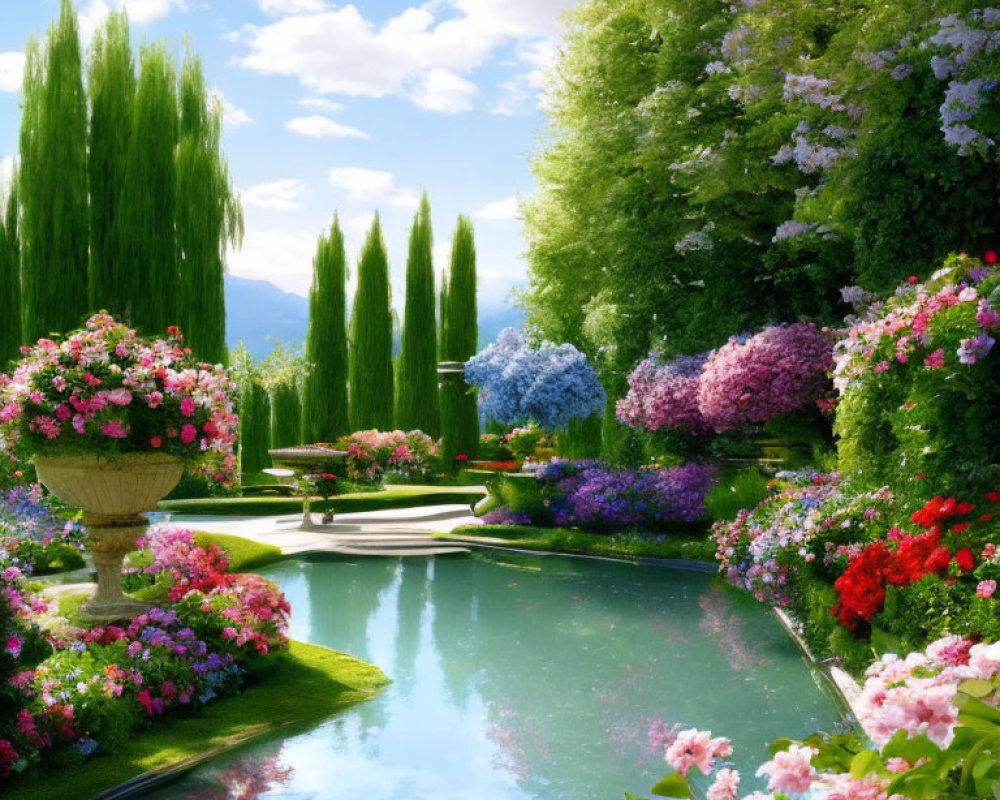 Tranquil garden with vibrant flowers, manicured shrubs, and reflecting pool