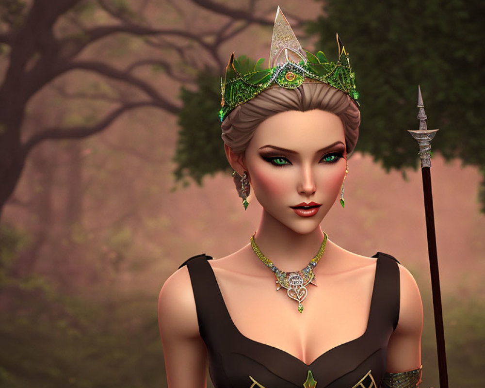 Fantasy queen with jeweled crown and green gemstone jewelry in mystical forest.