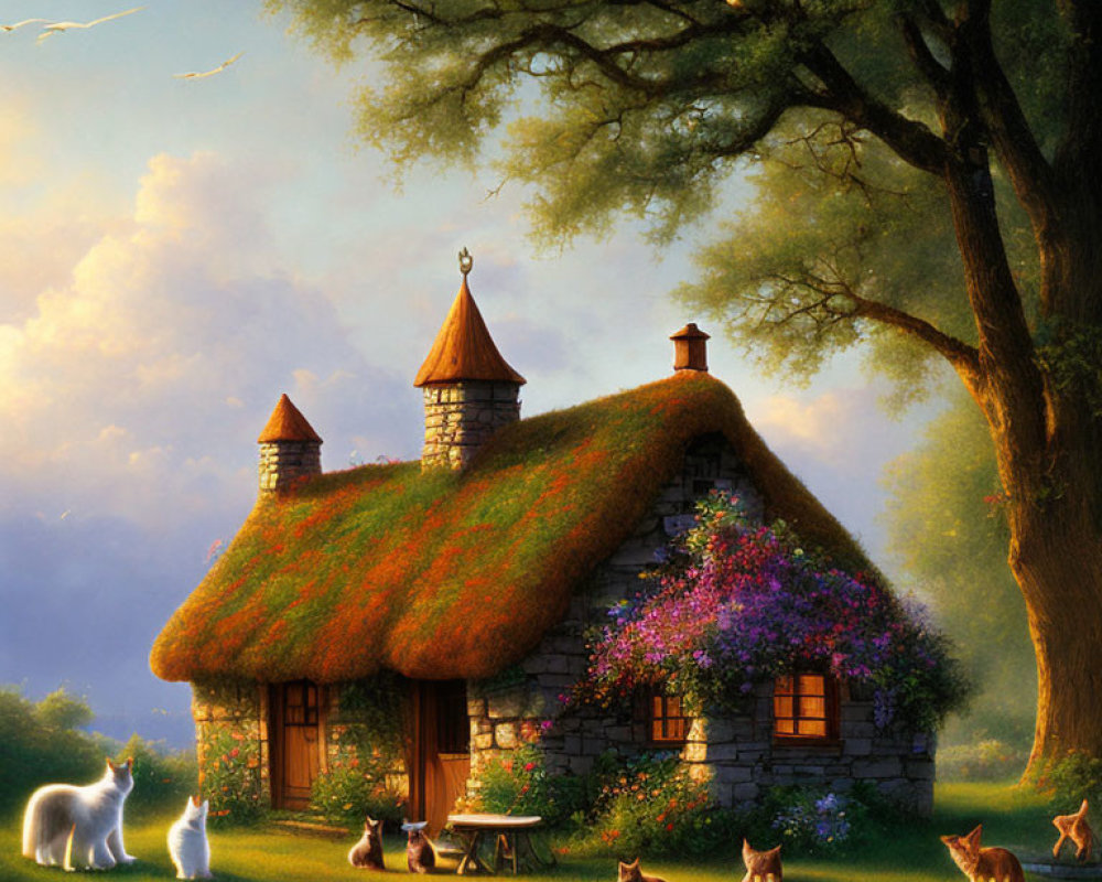 Thatched roof cottage in lush greenery with cats at dusk