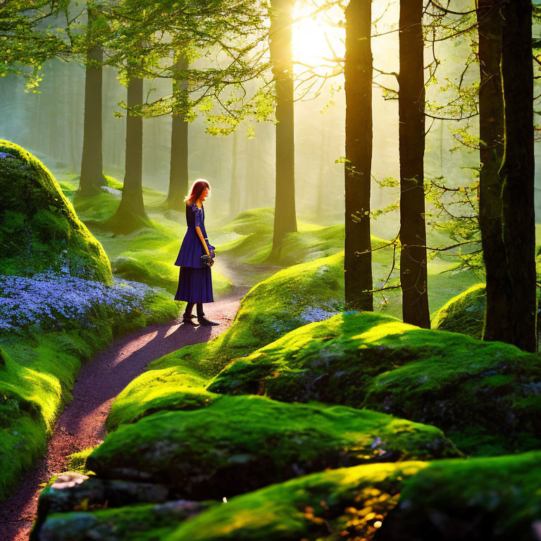 Woman in Blue Dress Stands in Forest Setting