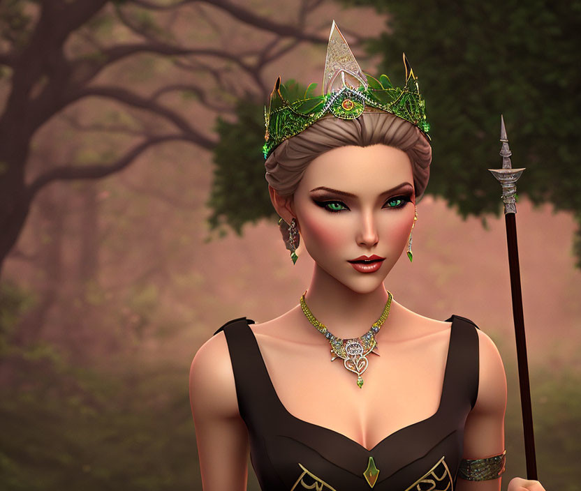 Fantasy queen with jeweled crown and green gemstone jewelry in mystical forest.