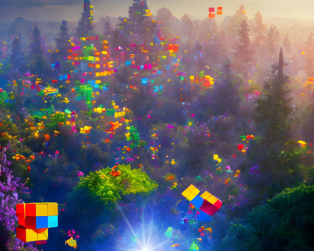 Colorful Landscape with Floating Cubes and Glowing Light Source