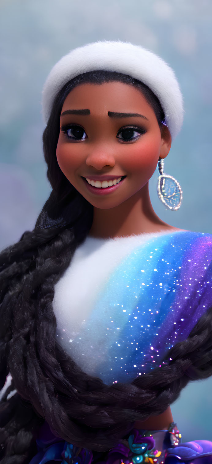 Animated young girl in blue and white dress with braided hair and hoop earrings