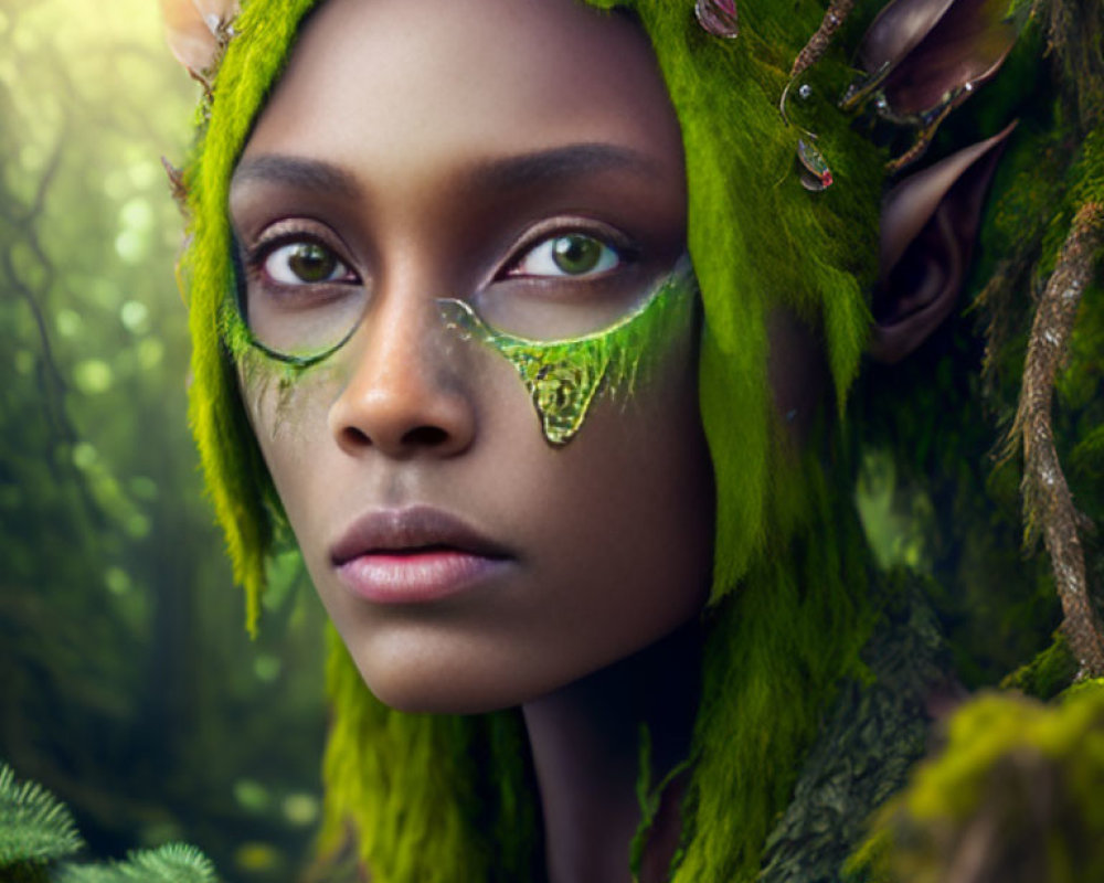 Fantasy-themed makeup portrait of a woman with forest creature elements