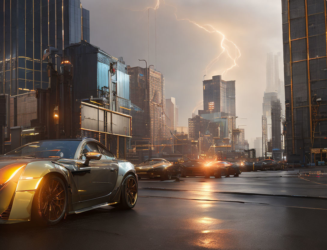 Sleek sports car on wet city street with lightning and skyscrapers