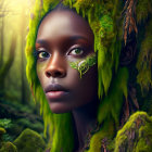 Fantasy-themed makeup portrait of a woman with forest creature elements