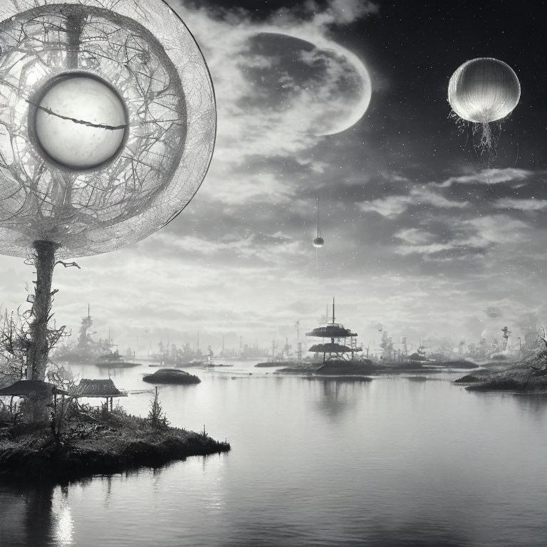 Monochrome futuristic landscape with architectural structures, floating orbs, and large moon.