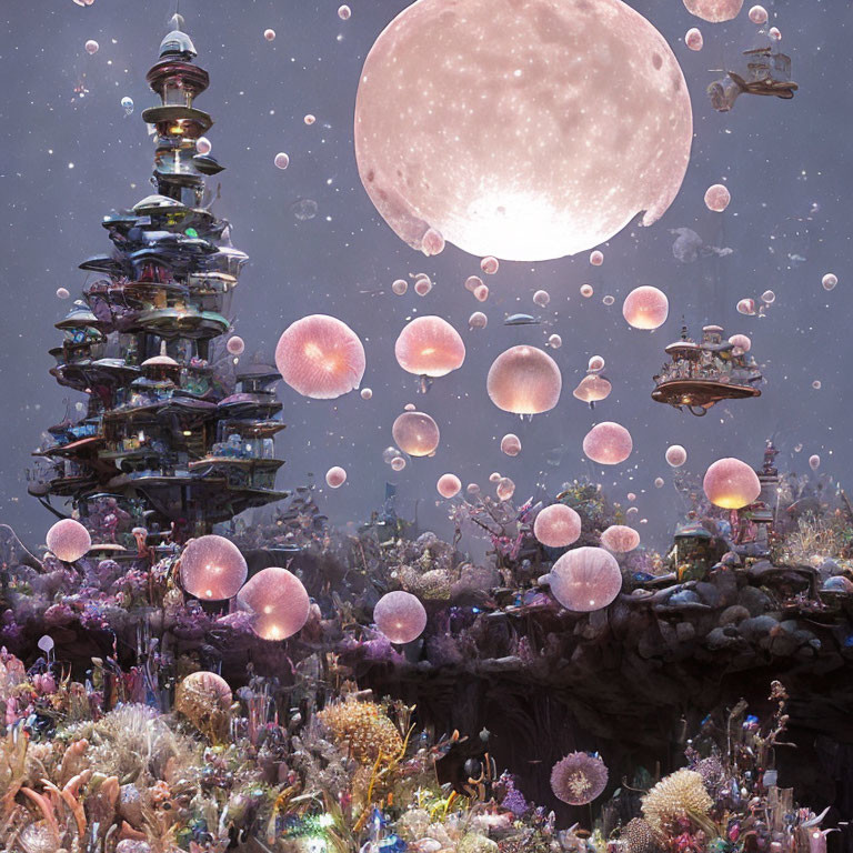 Fantastical landscape with towering structure, floating islands, jellyfish-like creatures, pink moon, star