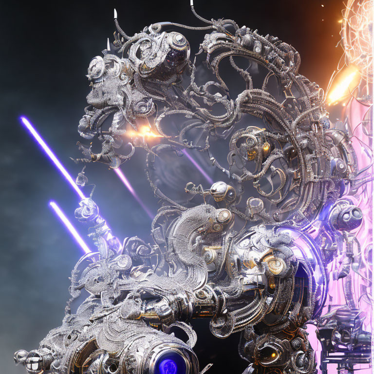 Metallic structure with gears, robotic elements, purple lights, and electricity arcs