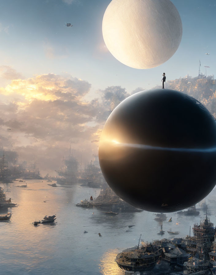 Person standing on futuristic spherical structure in harbor with ships, flying crafts, and celestial body.